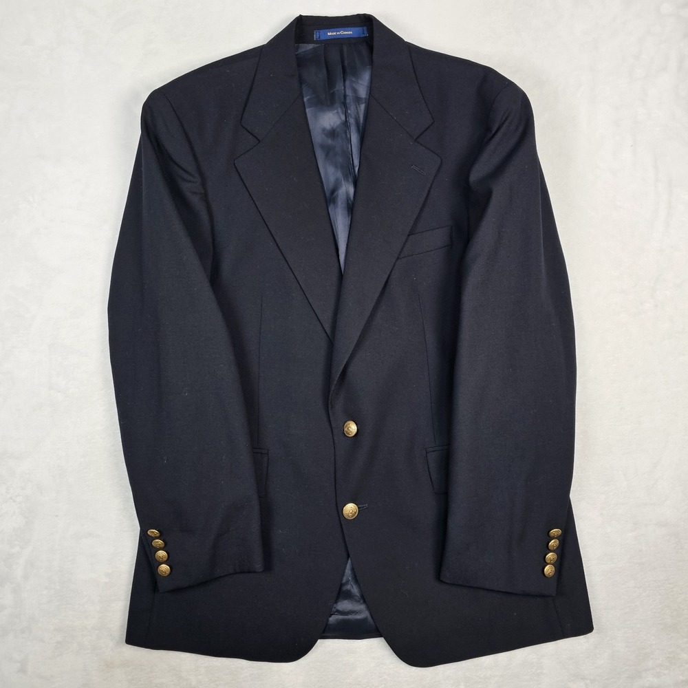 Vtg Chaps Ralph Lauren Blazer Mens 40R Gold Buttons Navy Blue Woven 100% Wool